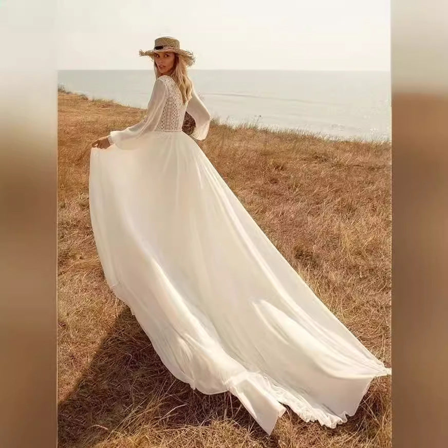 Deep V-Neck Long Sleeve Bridal Wedding Dress - Fashionpara