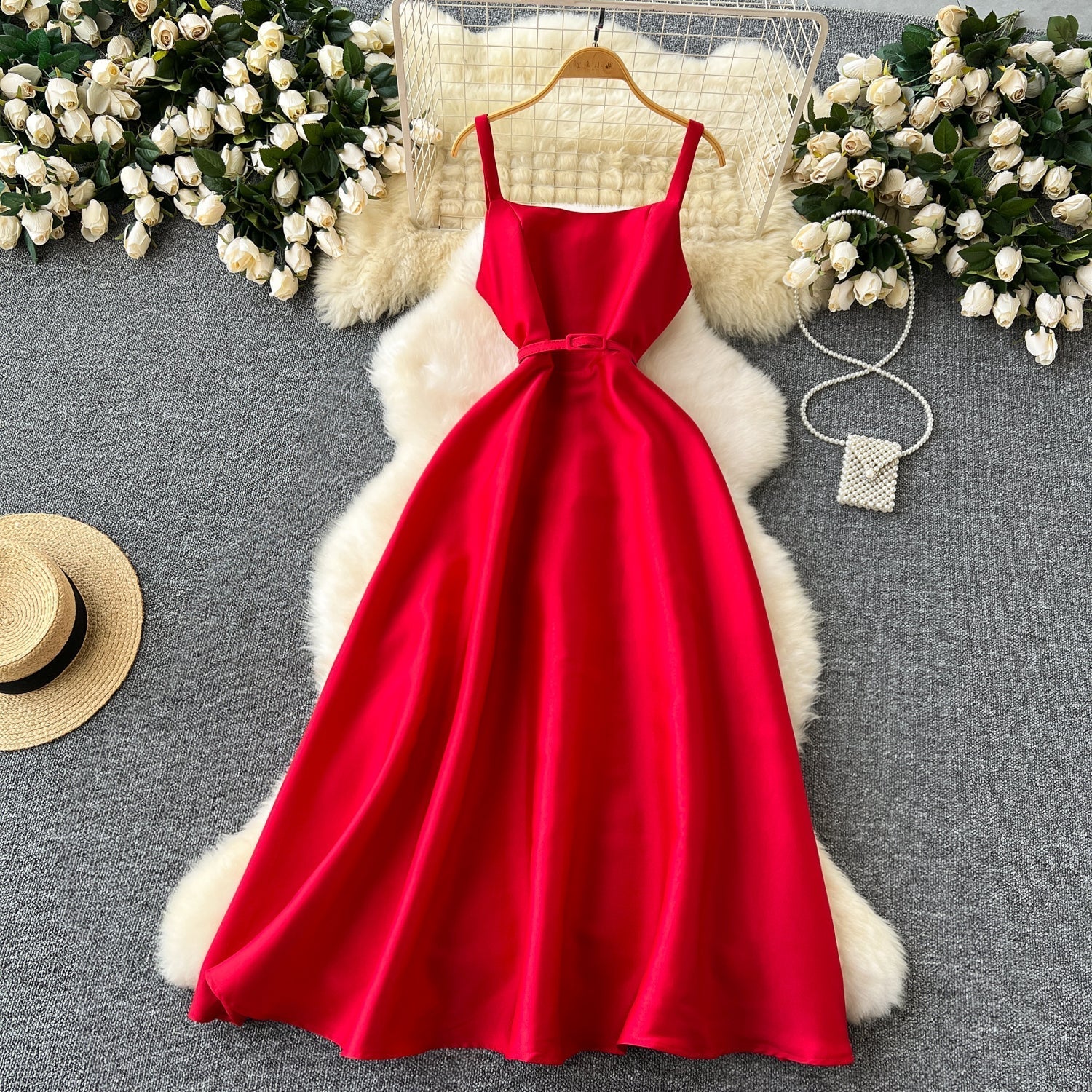 Simple A line Straps Red Holiday Dresses Midi Length Women's Dress