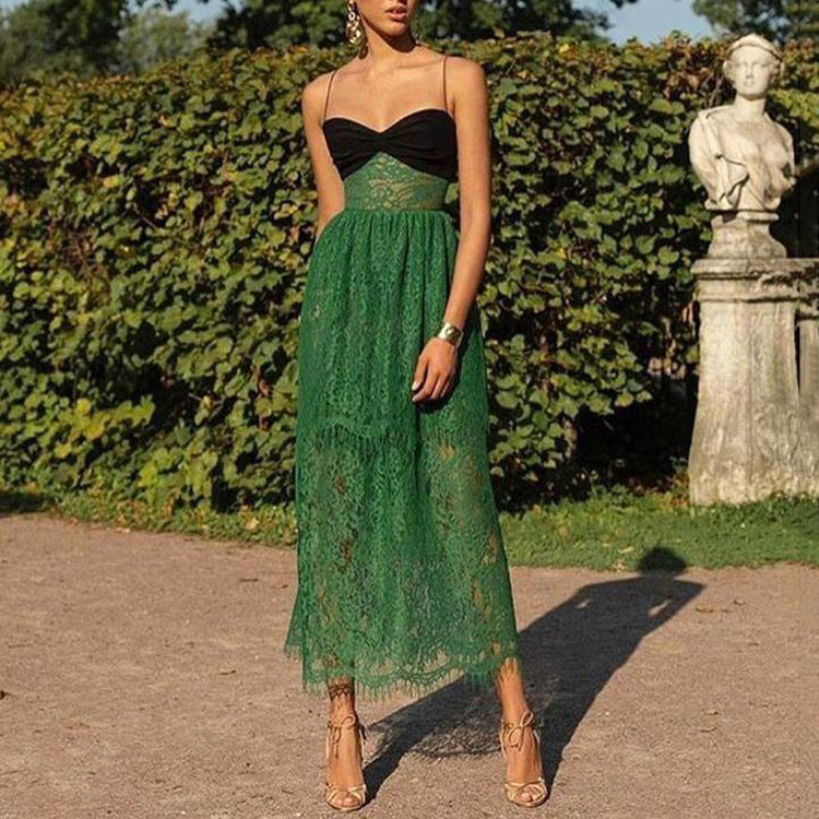 Women Clothing Chic Suspenders Lace Green Hollow Out Cutout Holiday Mopping Maxi Dress