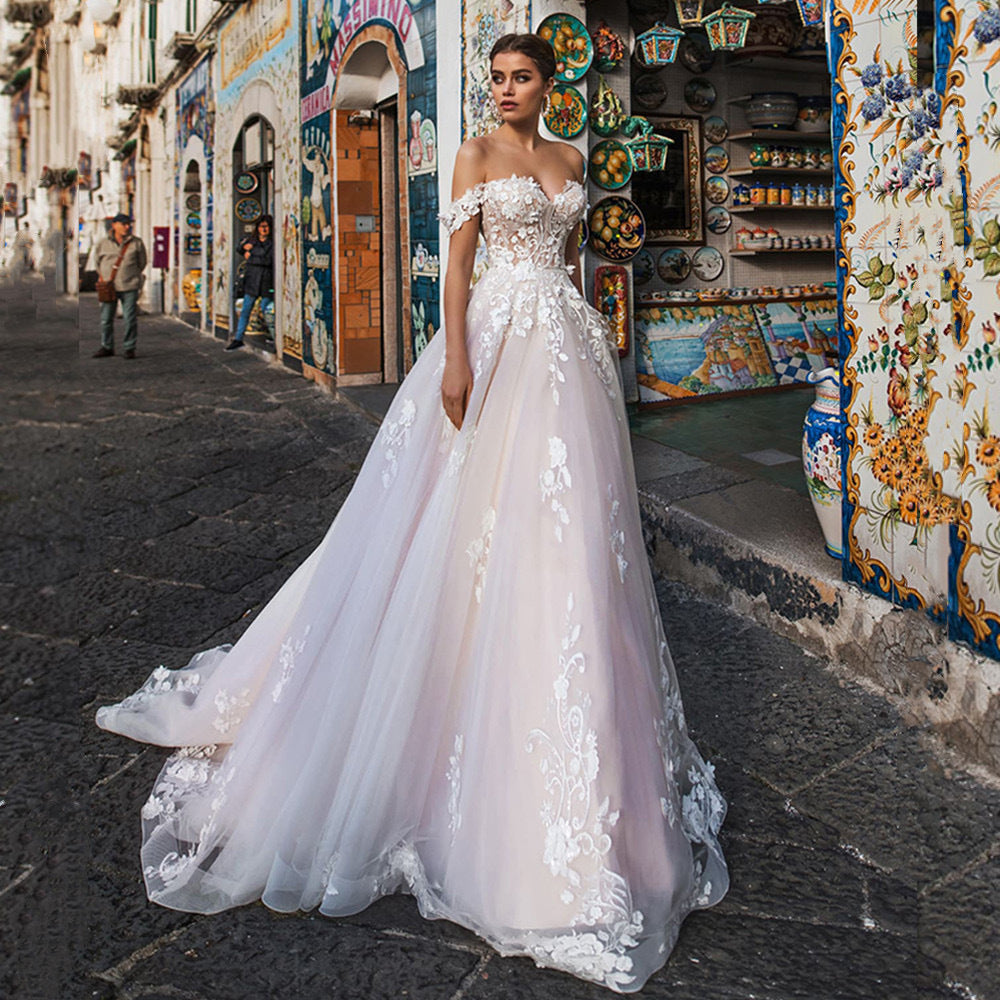 Lightweight Lace Long Train Wedding Dress - Fashionpara