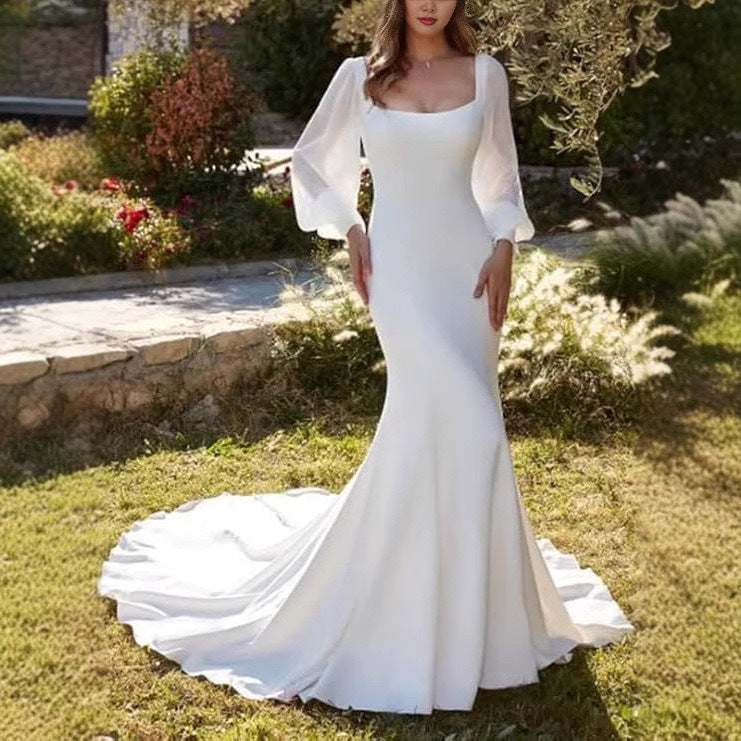 Satin Mermaid Outdoor Bridal Wedding Dress - Fashionpara