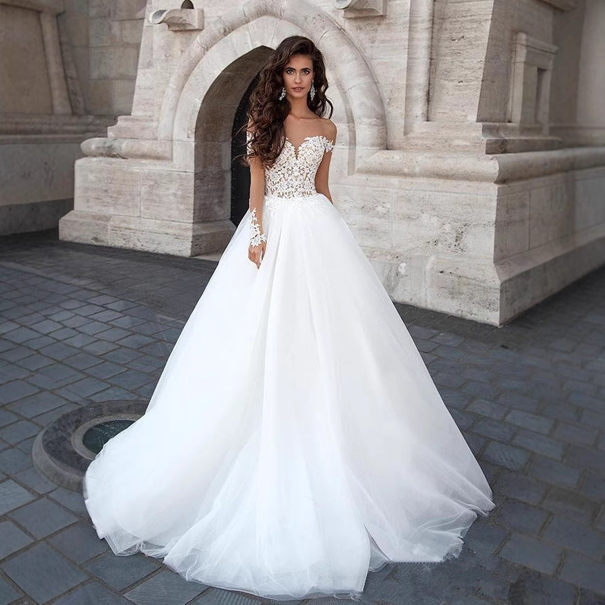 Off-Shoulder V-Neck Sheer Wedding Dress - Fashionpara