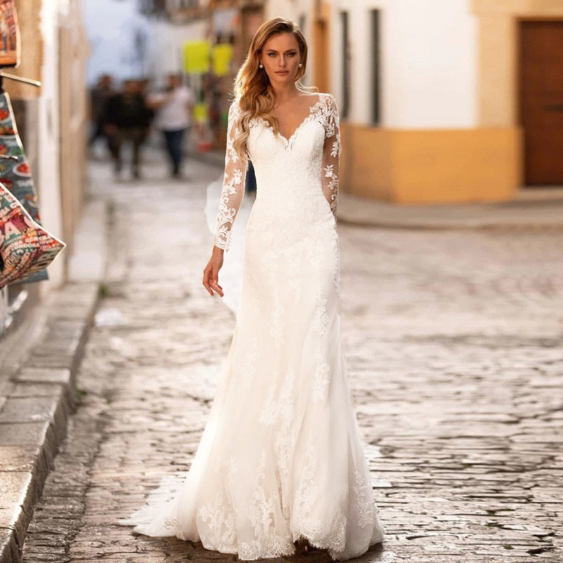 Deep V-Neck Backless Sheer Wedding Dress - Fashionpara