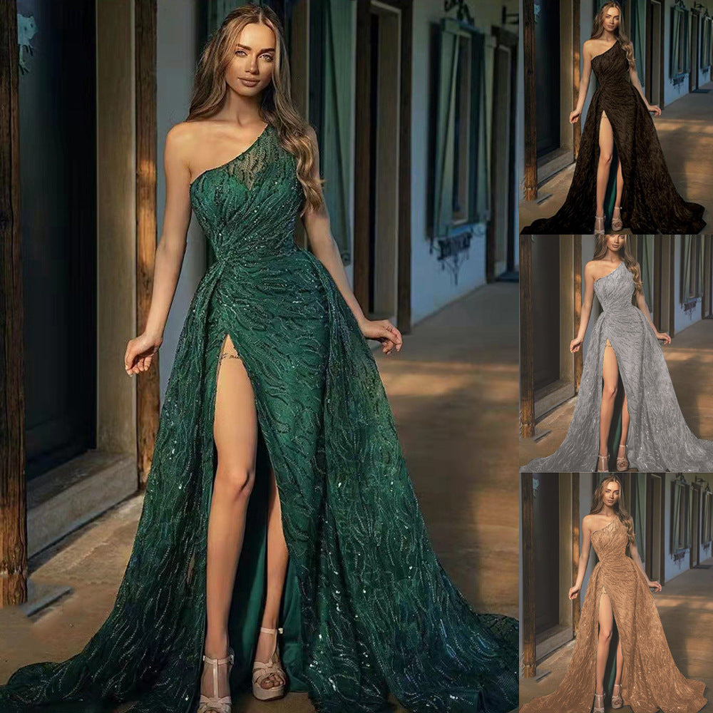 off Shoulder Split Maxi Dress Toast Dress Sequin Sling Evening Dress