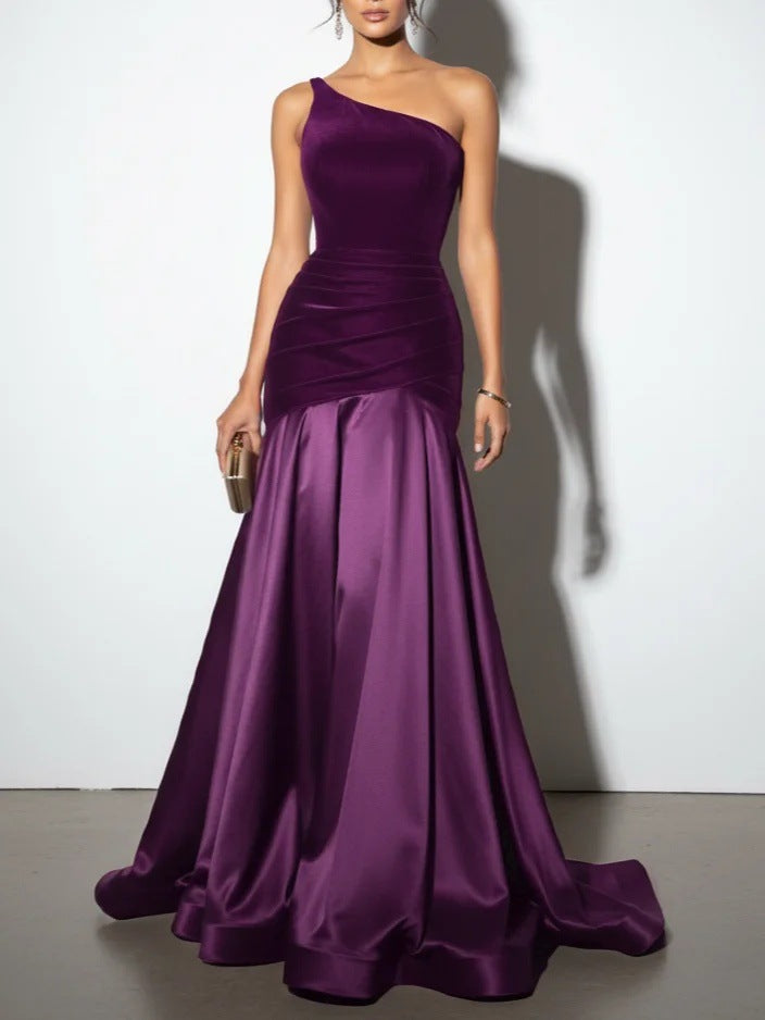 Velvet Panel Off Shoulder A Line Formal Dress