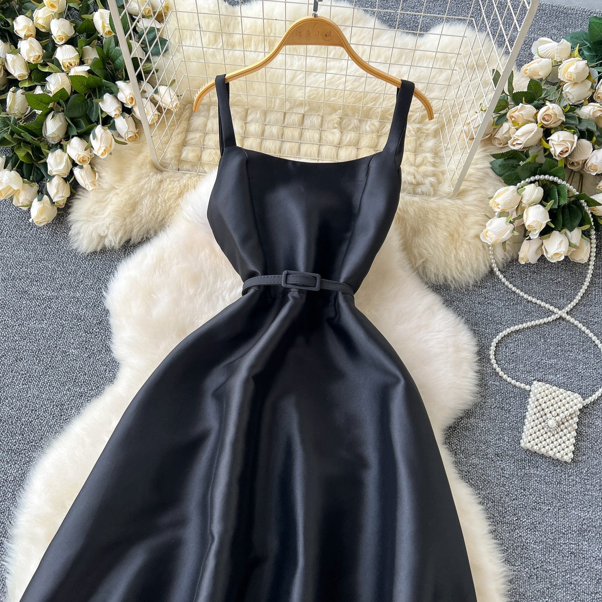 Simple A-Line Straps Black Satin Holiday Dresses Midi Length Women's Dress - View 3 | FashionDia