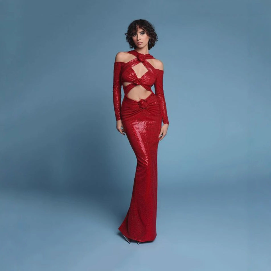 Floral Cutout Backless Sequin Prom Dress - Fashionpara