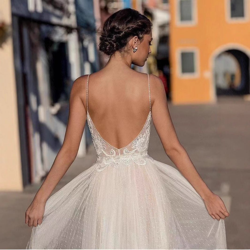 Deep V-Neck Sheer Tulle Wedding Dress - Fashionpara