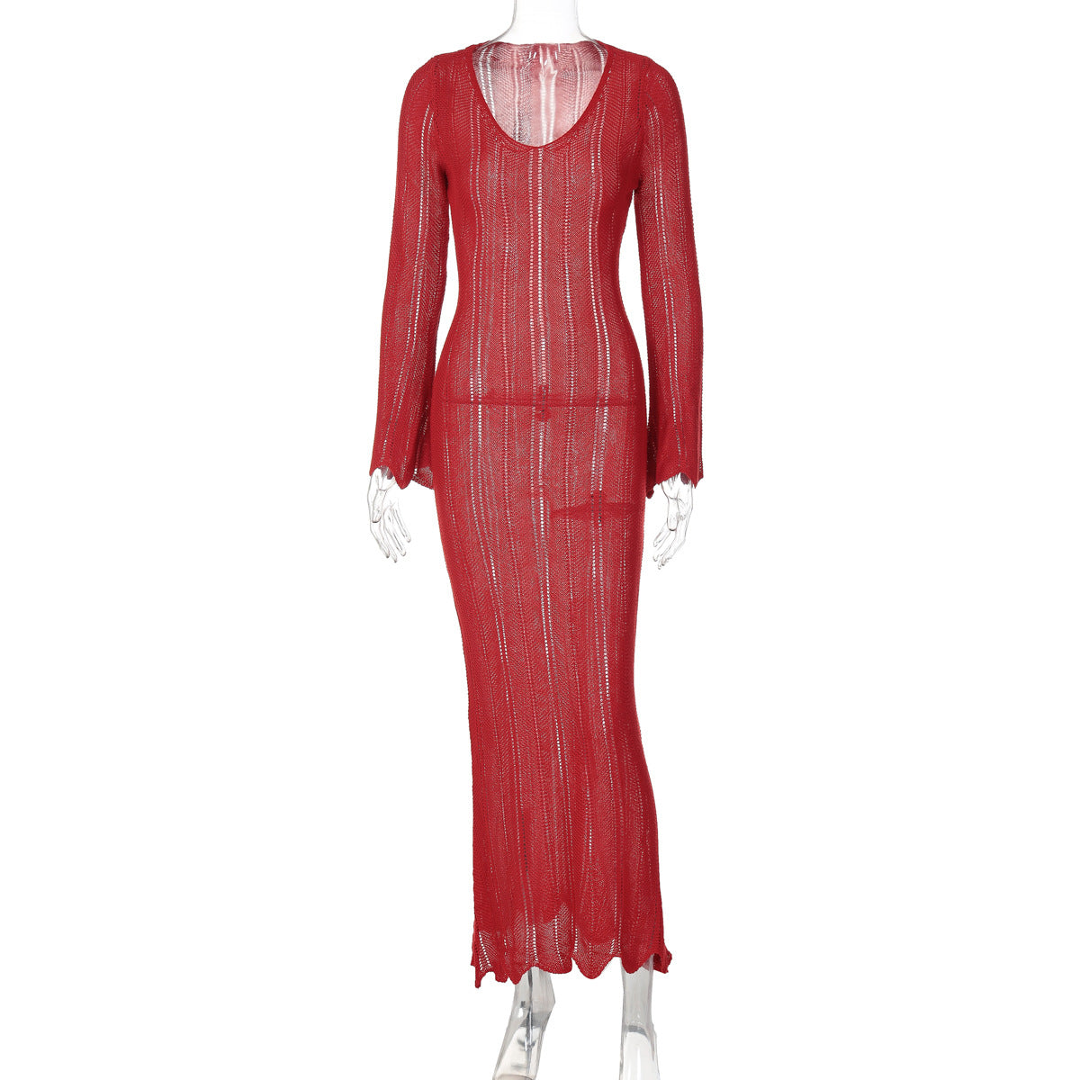 Solid Color Woolen Dress Long Sleeve U Collar Slim Fit Dress