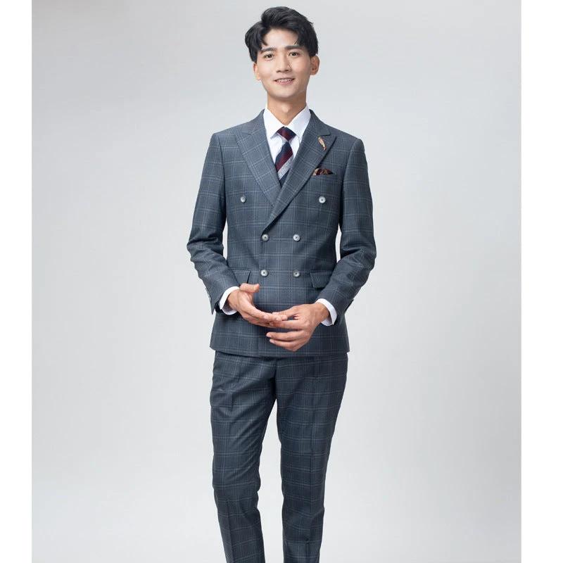 Double breasted suit men's suit slim fit Korean style trendy wedding groom British dress casual plus size men's suit by 男装