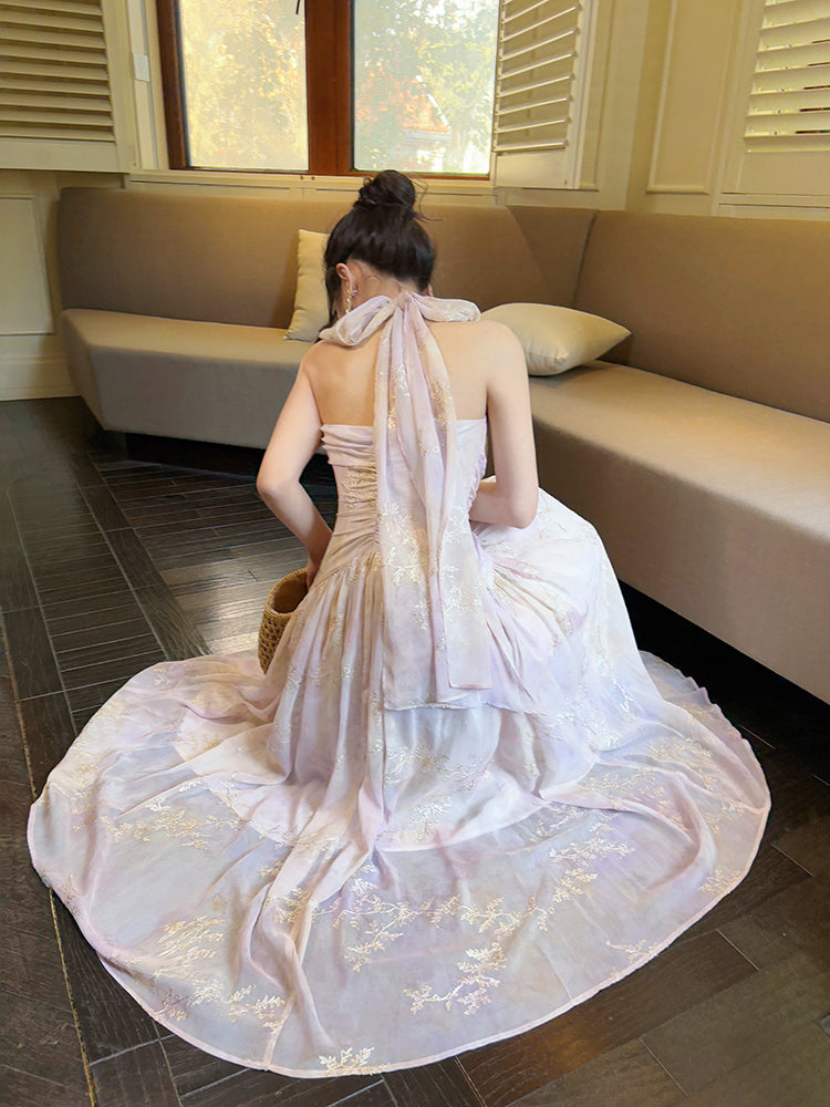 French-Style EmbroideredLong Dress Halter Neck Floral Maxi Dress L79
