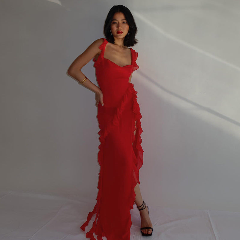 Slim Fit High Slit Ribbon Cami Dress for