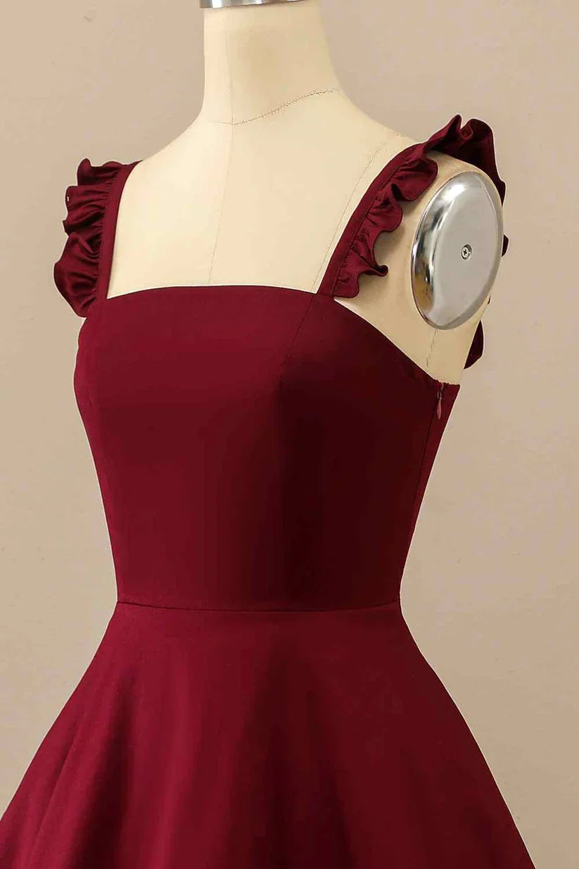 Burgundy A-line Ruffle Straps Satin Mini Homecoming Dress