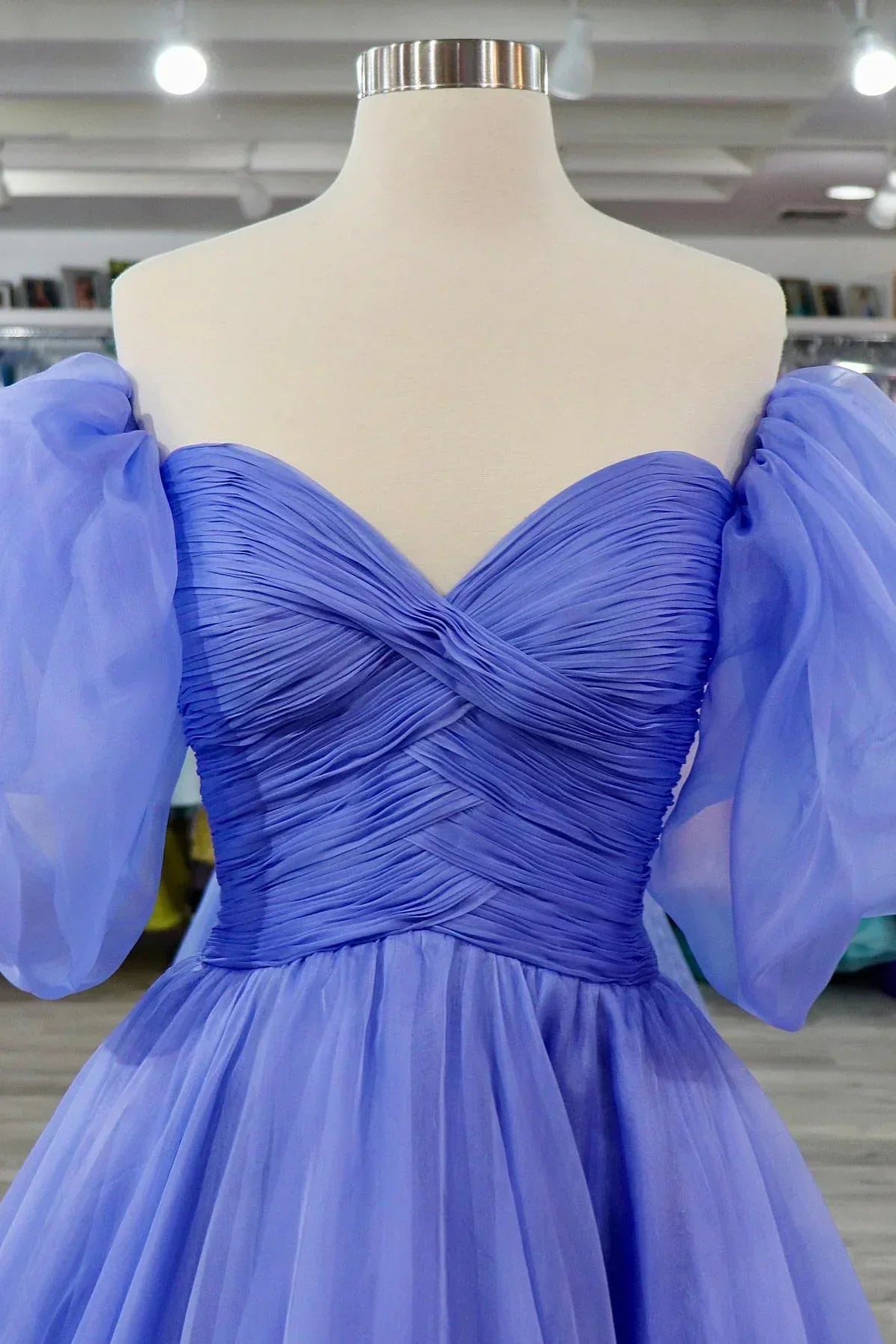 Lavender Tulle A-line Off-Shoulder Puff Sleeves Pleated Long Prom Dress - View 3 | FashionDia