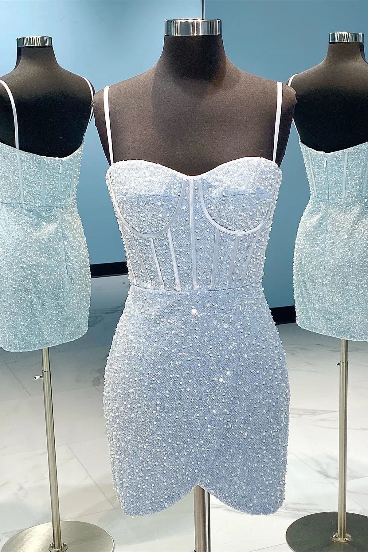 Spaghetti Straps Light Sky Blue Sequin Bodycon Mini Party Dress Short Prom Dress
