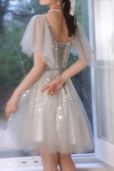 A-line Short Silver Homecoming Dress with Flutter Sleeves