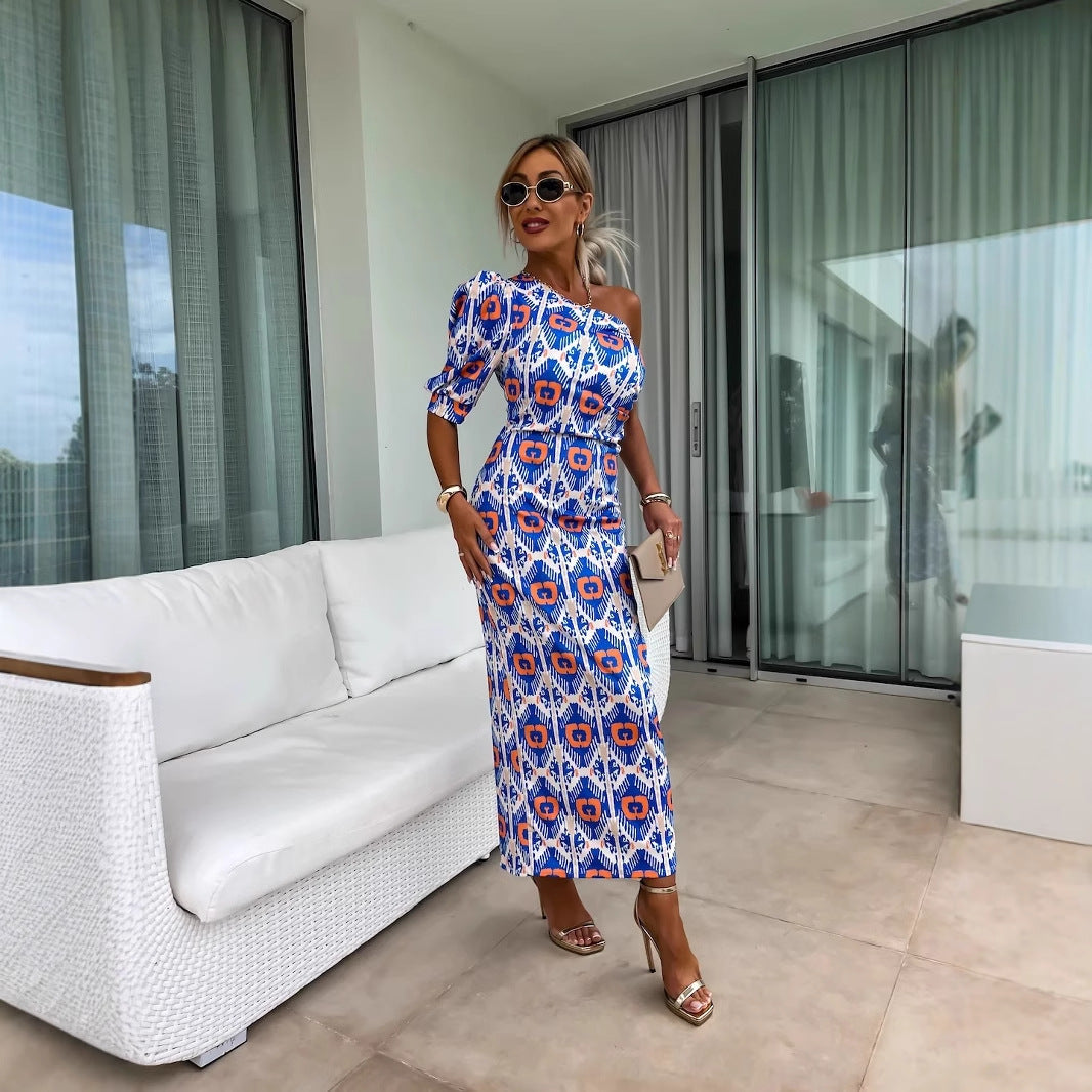 Yesica Minimalist Women's Asymmetric Maxi Dress with Puff Sleeves and Eye Catching Pattern Everyday Luxe Edit