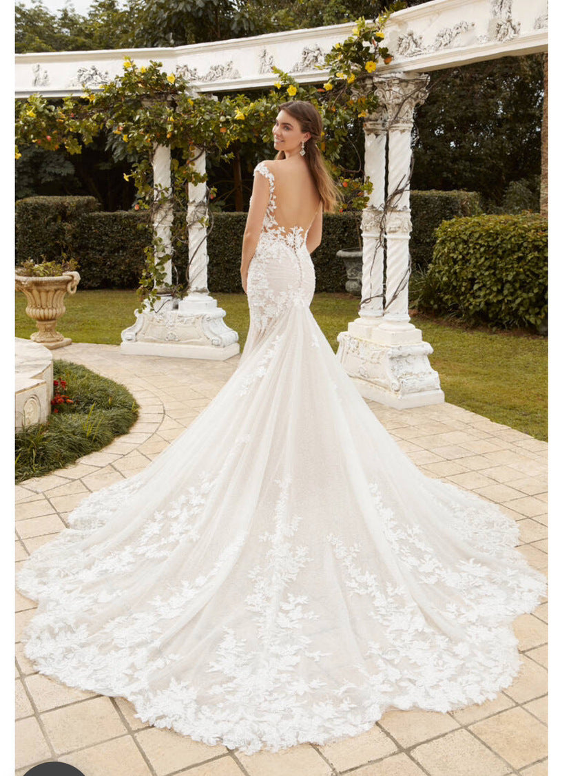 Long Train Lace Bridal Wedding Dress - Fashionpara