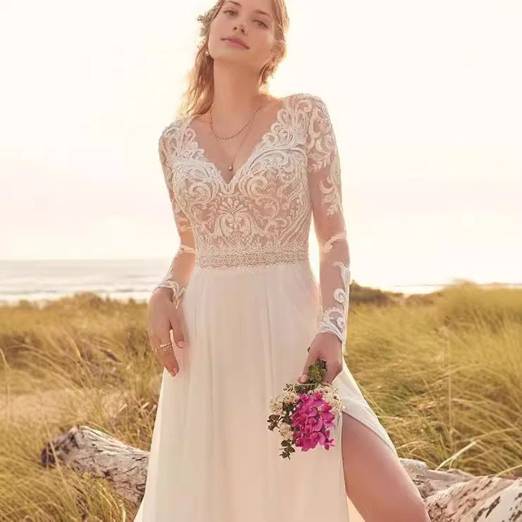 Long Sleeve Sheer Tulle Bridal Wedding Dress - Fashionpara