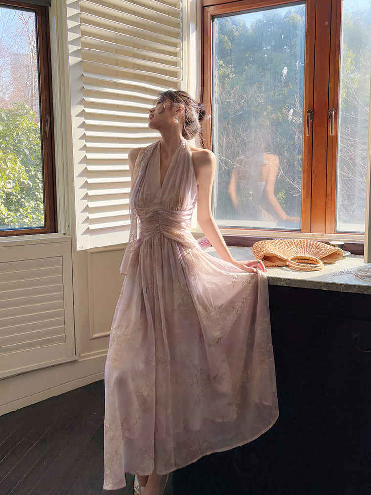 French-Style EmbroideredLong Dress Halter Neck Floral Maxi Dress L79