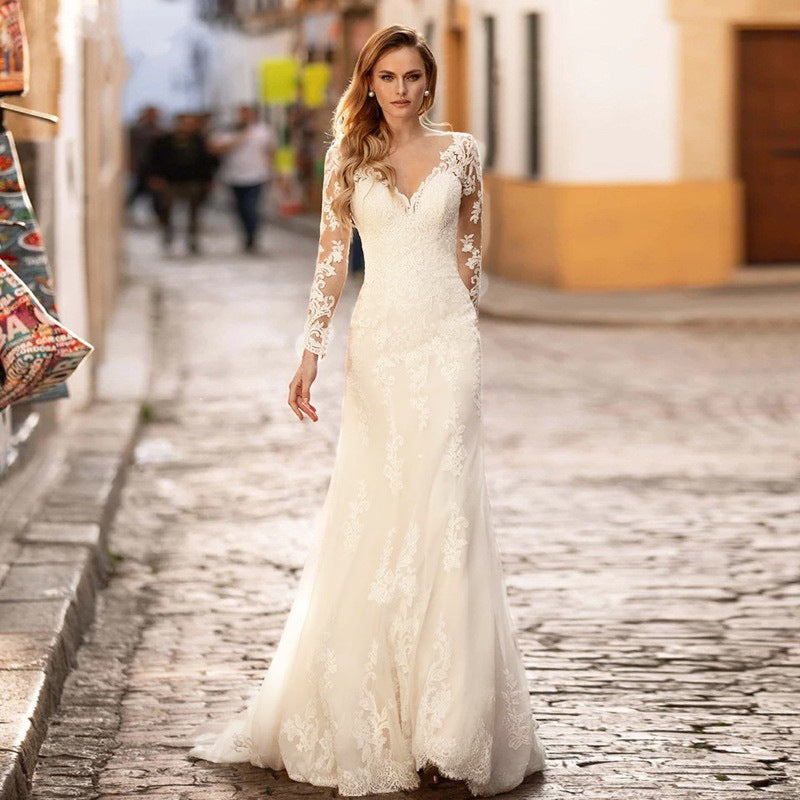 Deep V-Neck Backless Sheer Wedding Dress - Fashionpara