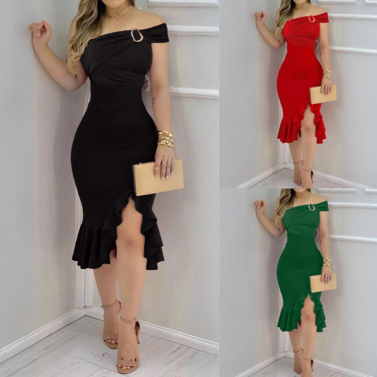 Natacha Minimalist Women's Evening Dress with Off the Shoulder Design and Voluminous Skirt Boutique Collection