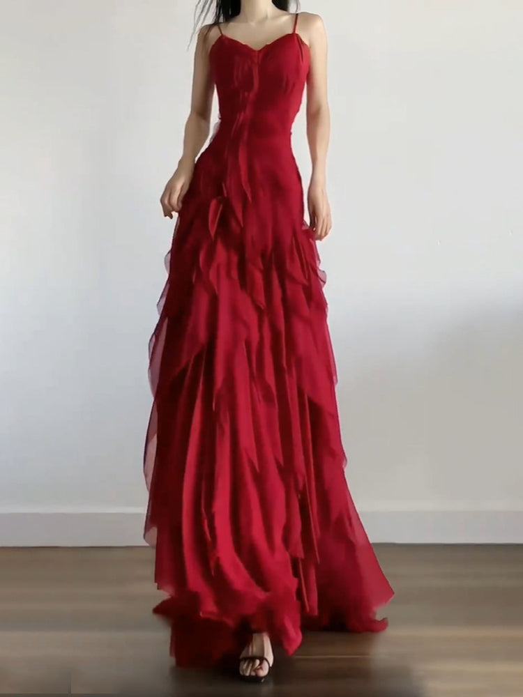 Sexy Mermaid Spaghetti Straps Red Chiffon Ruffles Birthday Dresses Long Prom Dress - View 2 | FashionDia