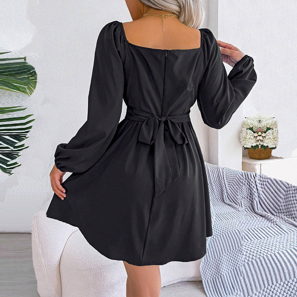 French Intellectual Square Collar Dress Pleated Waist Tight Slimming High Grade