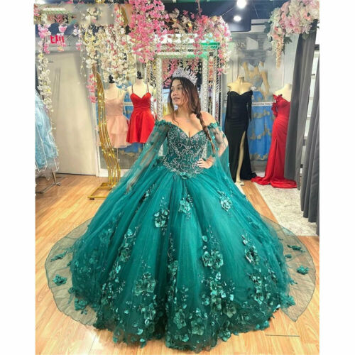 Lace Appliques Quinceanera Dresses Ball Gown Off Shoulder 3D Flowers Sweet 15 16 - VelvetHem