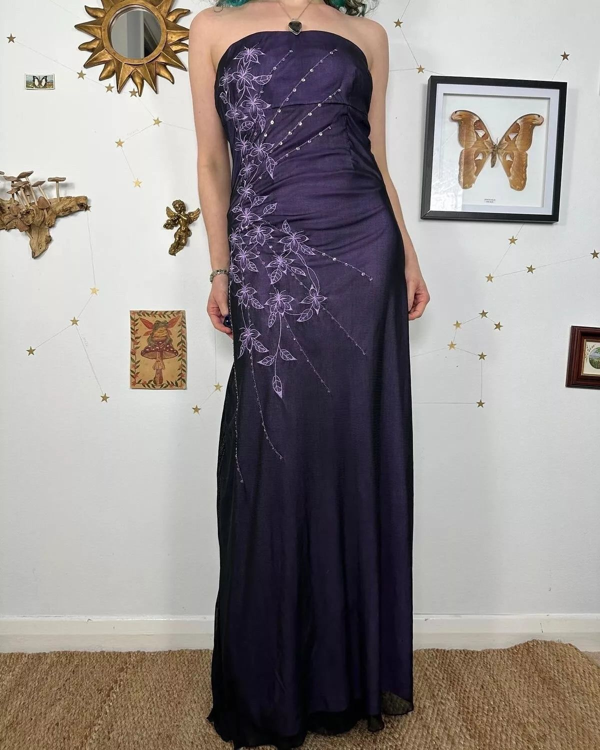 Vintage Strapless Purple Chiffon Satin Beaded Long Birthday Prom Dress Evening Gown - FashionDia