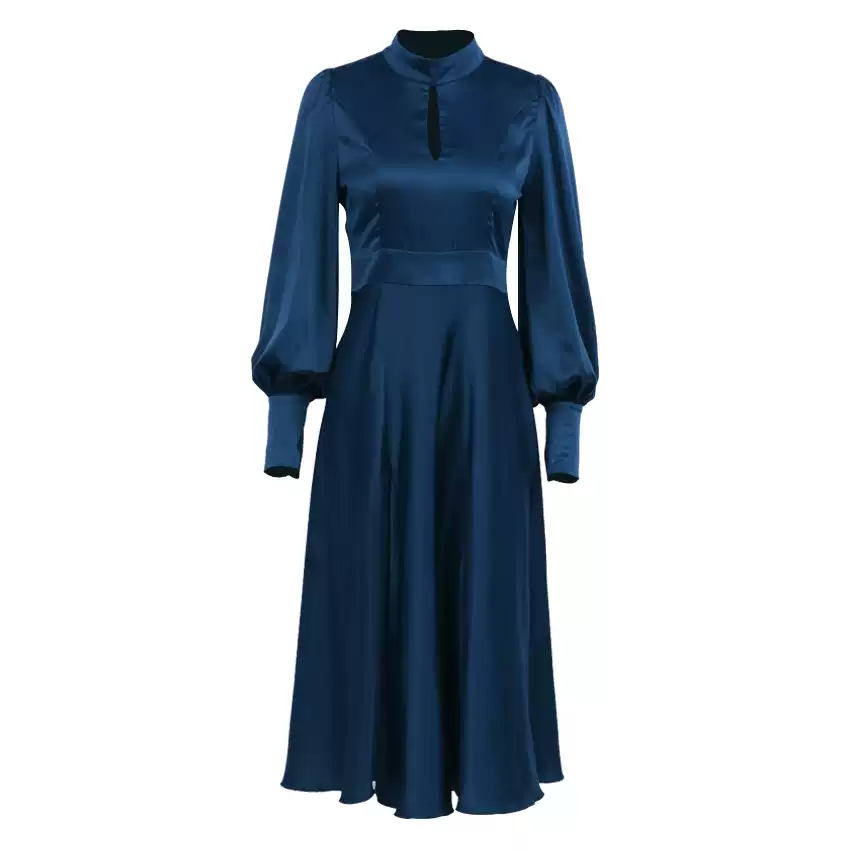 Elegant Simeple Prom Dress With Long Sleeves Split Evening Dress Women's Plain Puff Sleeve O-Neck Long Dress - View 6 | FashionDia