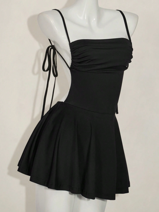 Sexy Black Spaghetti Straps Satin A-Line Short Graduation Homecoming Dress Backless Cocktail Dress - View 2 | FashionDia
