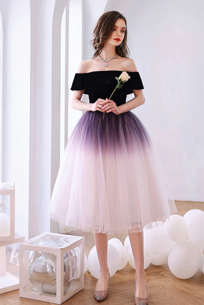 Off-the-Shoulder Ombre Tulle Short Homecoming Dress, Ombre Formal Graduation Dress - View 2 | FashionDia