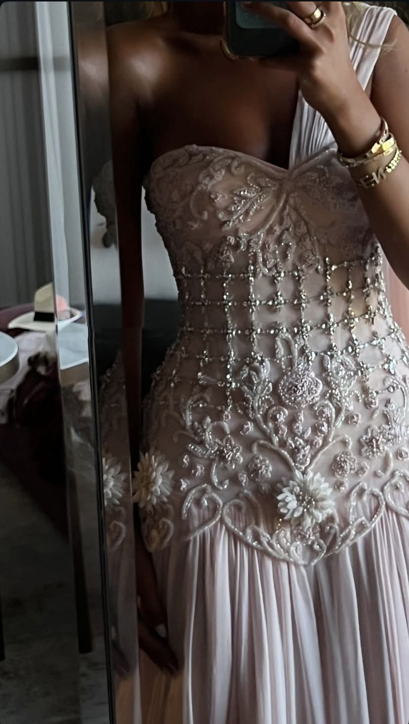 Pretty Pink One Shoulder Chiffon Beaded Appliques Long Party Dress Evening Dress