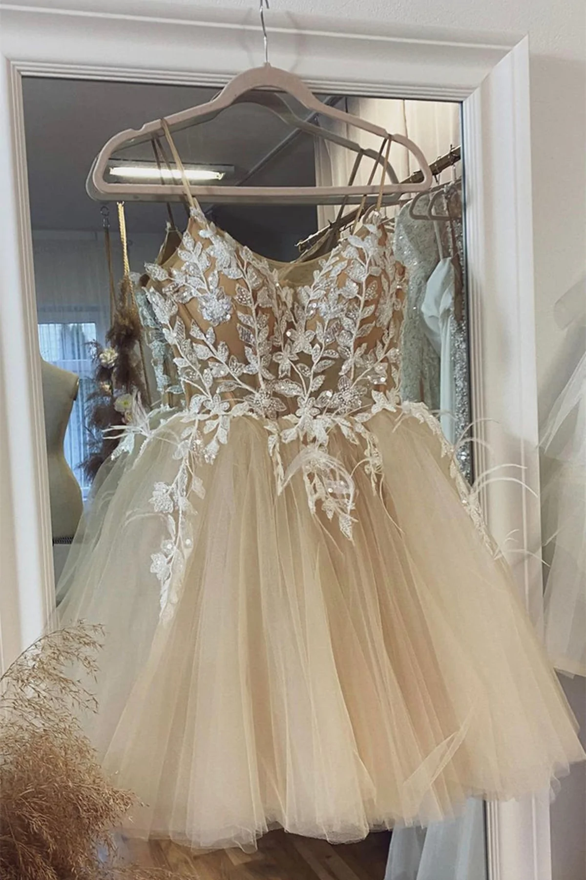Champagne Tulle Lace Short Homecoming Dresses, Champagne Lace Formal Graduation Evening Dresses - View 2 | FashionDia
