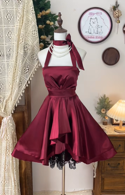 Vintage Burgundy Satin Lace A Line Homecoming Dress Halter Cocktail Dress