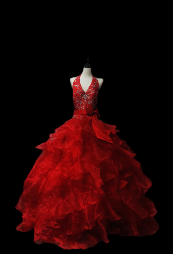 Vintage Halter Red V-Neck Tulle Pleated Beaded Ball Gown Formal Quinceanera Dress - FashionDia