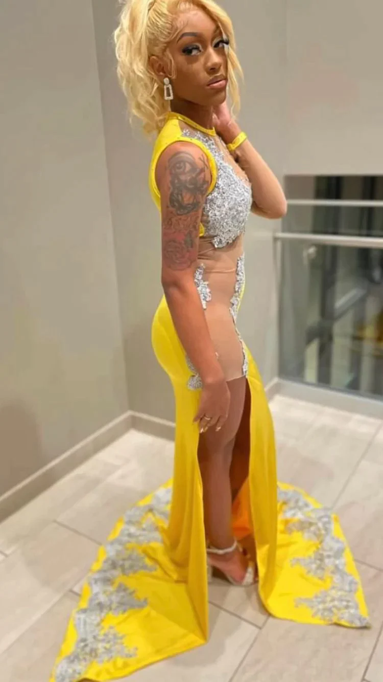 black girl yellow lace evening dresses,silver lace prom dresses, sexy evening dresses - View 2 | FashionDia