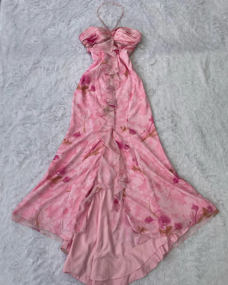 Elegant Halter Chiffon Print Ruffle Mermaid Evening Dress,Pink Prom Dress - View 2 | FashionDia