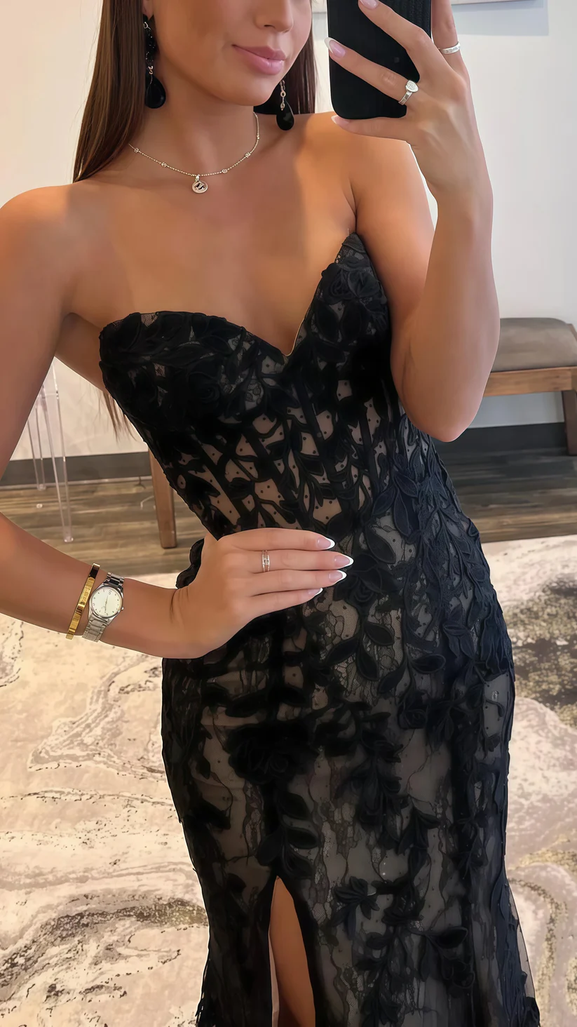 Sexy Tulle Lace Slit Evening Gown,Black Mermaid Long Prom Party Dress - View 2 | FashionDia