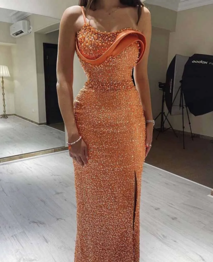 Orange Evening Dress Spaghetti Strap Pearls Beaded Sequin Lace Straight Dresses Y6648 - View 2 | VelvetHem