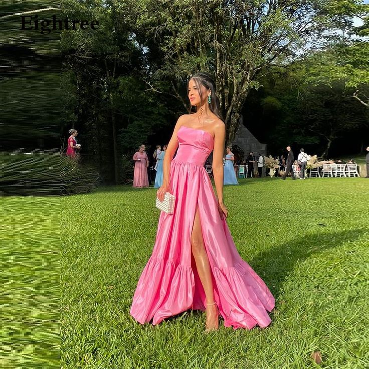 Simple Pink Long A-Line Prom Dresses Strapless Sleeveless Club Gowns Side Slit Formal Party Night Evening Dress - FashionDia