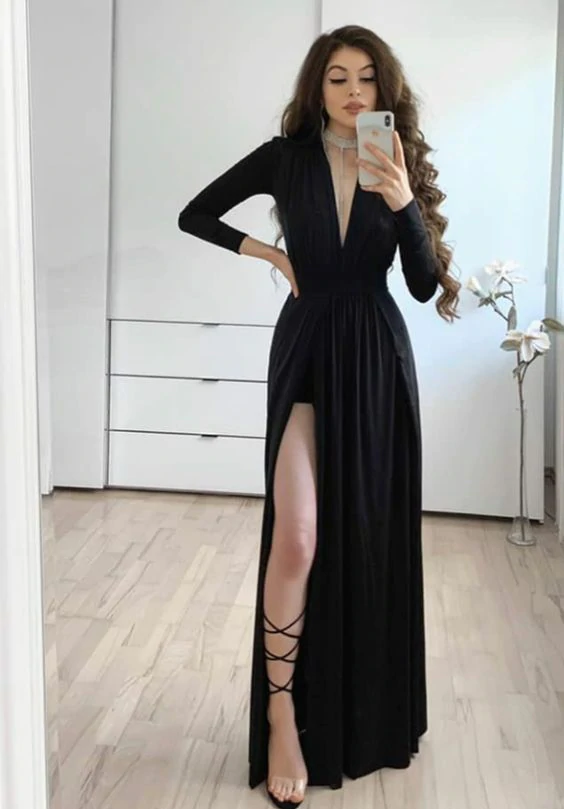 A-Line Black long Prom Dress evening gown - FashionDia