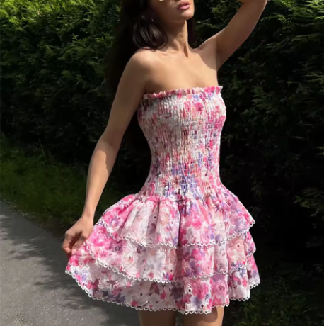 Beautiful Pink Print Floral A-Line Birthday Outfits Strapless Homecoming Dress - View 2 | FashionDia