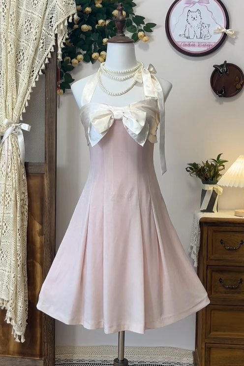 Cute Pink Halter Bow A Line Homecoming Dress Short Birthday Outfits