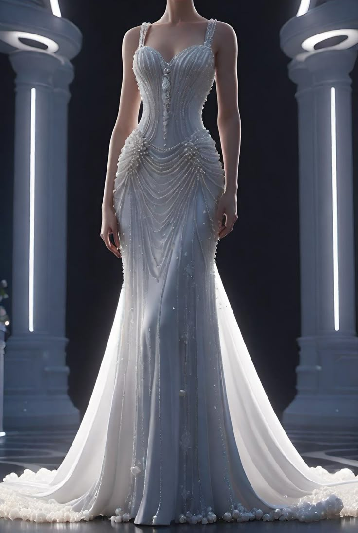 Elegant White Chiffon Pearls Beaded Wedding Dress,Long Mermaid Prom Dress Evening Dress