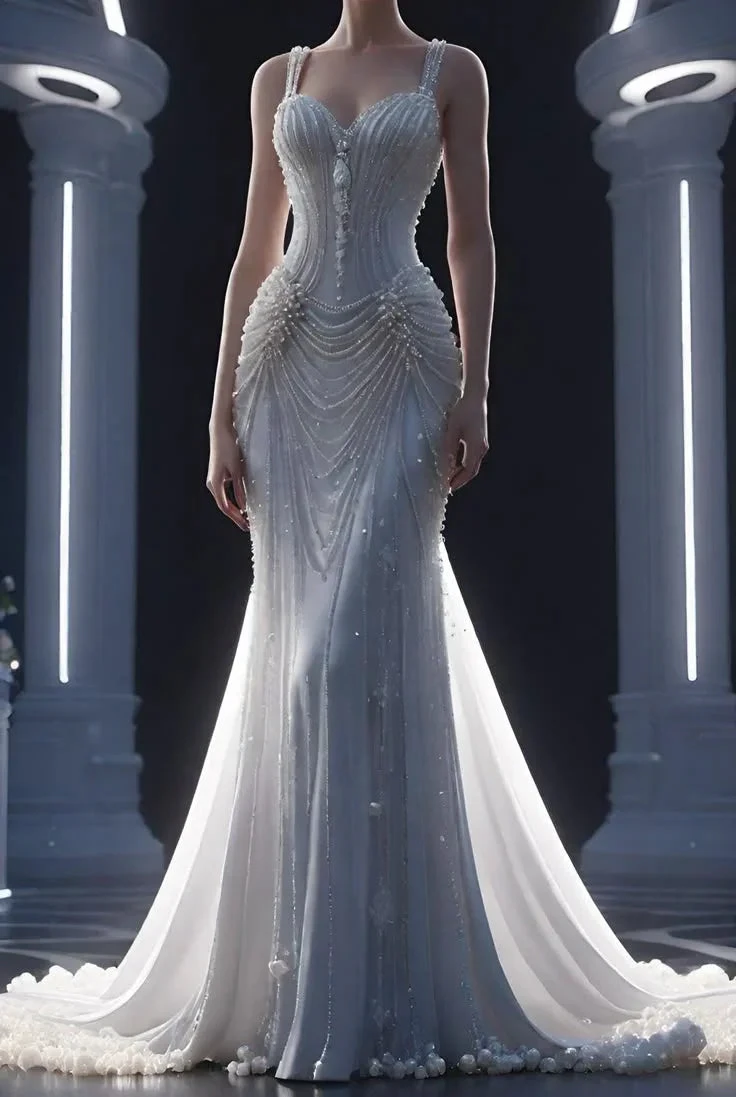 Pretty White Chiffon Beaded Pearls Mermaid Evening Dress Wedding Dress,Long Prom Dress (ZD13744)