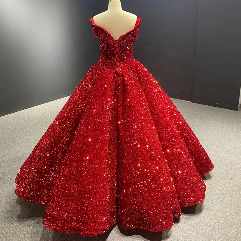 Royal blue sequin prom ball gown sweet 16 dress Off-the-Shoulder princess Quince dress - View 8 | FashionDia