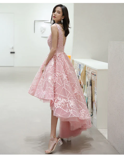 Pink V-Neckline Tulle Lace High-Low Party Dress, Pink Formal Dress Homecoming Dress - View 2 | FashionDia