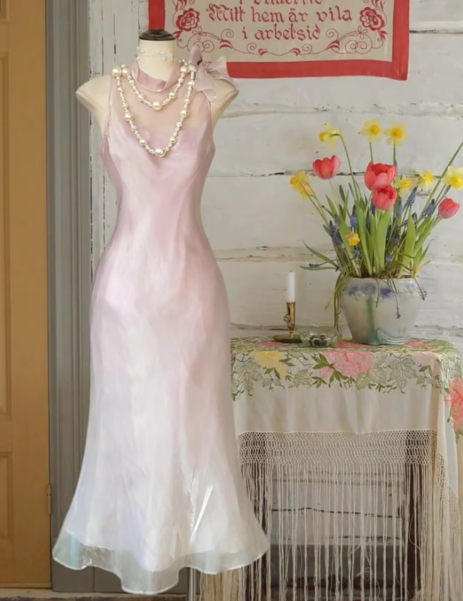 Classy Halter Ombre Pink Mermaid Long Prom Dress Party Gown - FashionDia